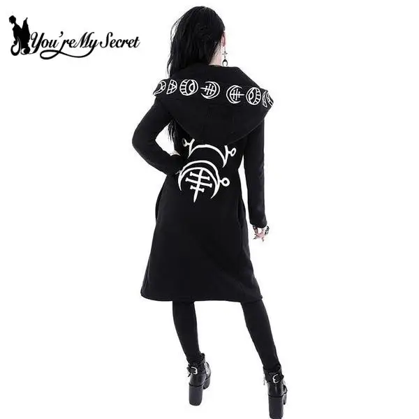 [Jesteś moim sekretem] S-5XL Gothic Punk czarne kobiety bluzy bluzy jesień na zimę, nadruk z długim rękawem bluza z kapturem damski płaszcz z