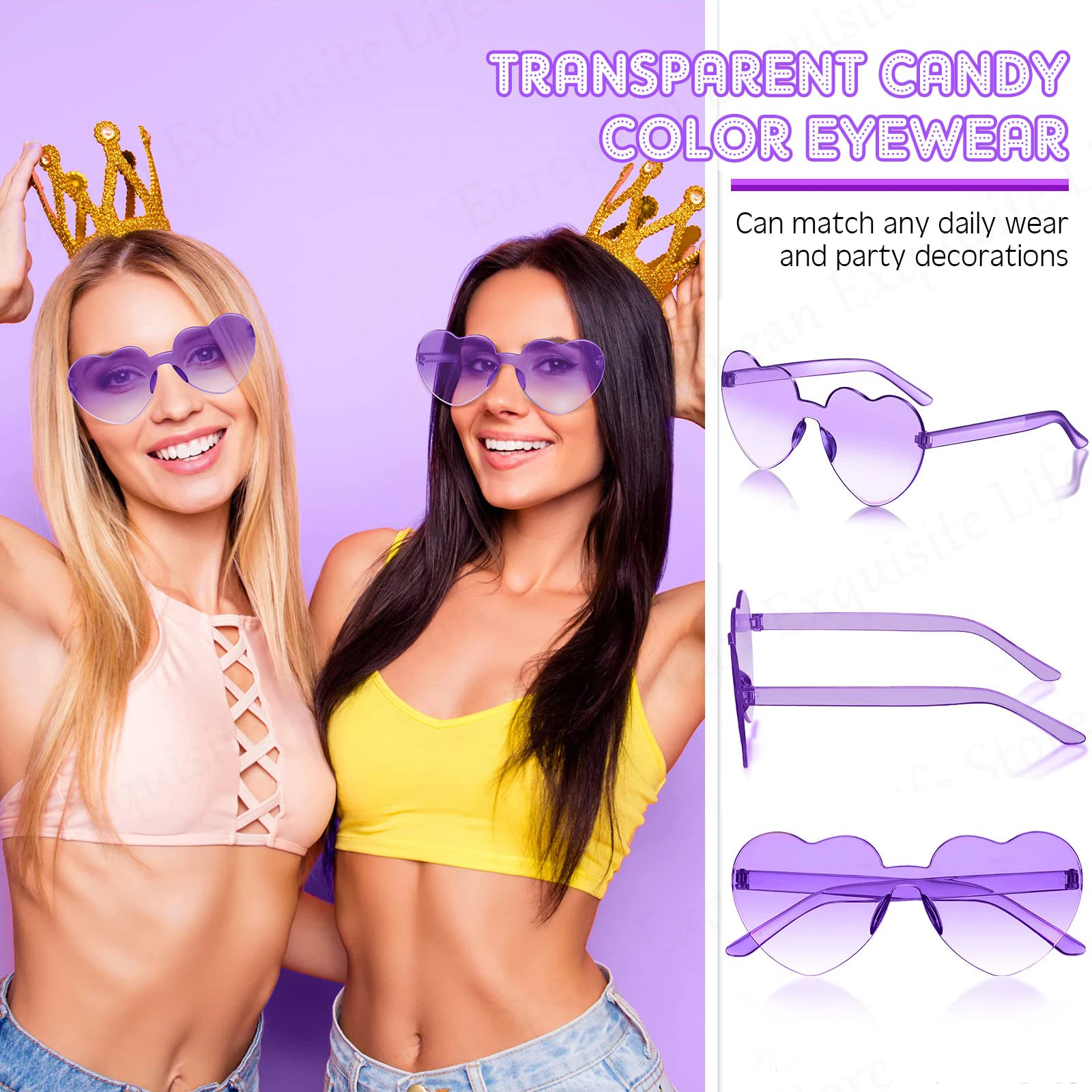 12/24/48Pcs Bachelor Party Sunglasses Heart Shaped Rimless Sunglasses Bulk Gradient Colorful Fun Sunglasses for Party Favor