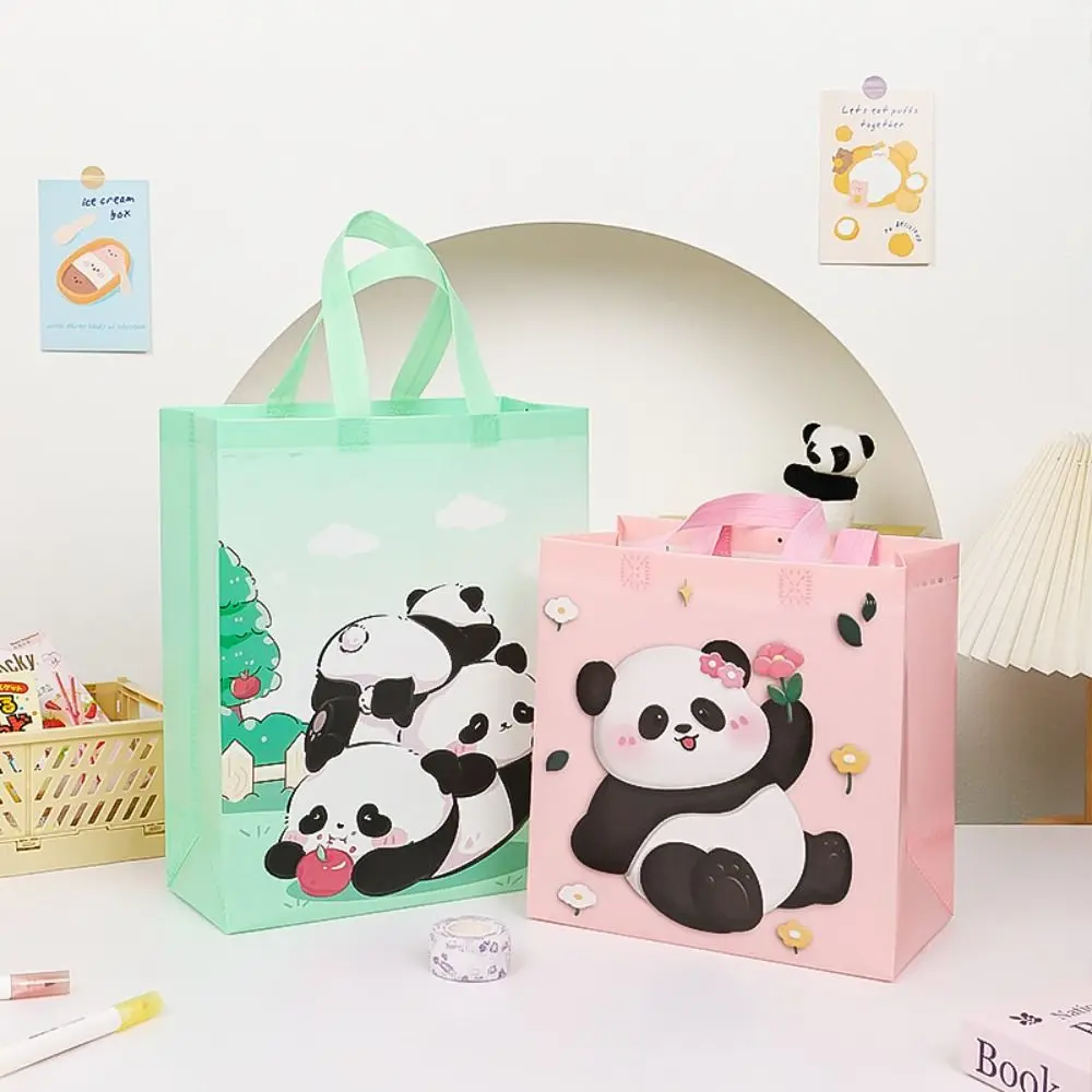 Bolsa de mano no tejida con dibujos de Panda de gran capacidad, bolsa de almacenamiento plegable con asas, bolsas de compras coloridas ecológicas, bolsa de regalo