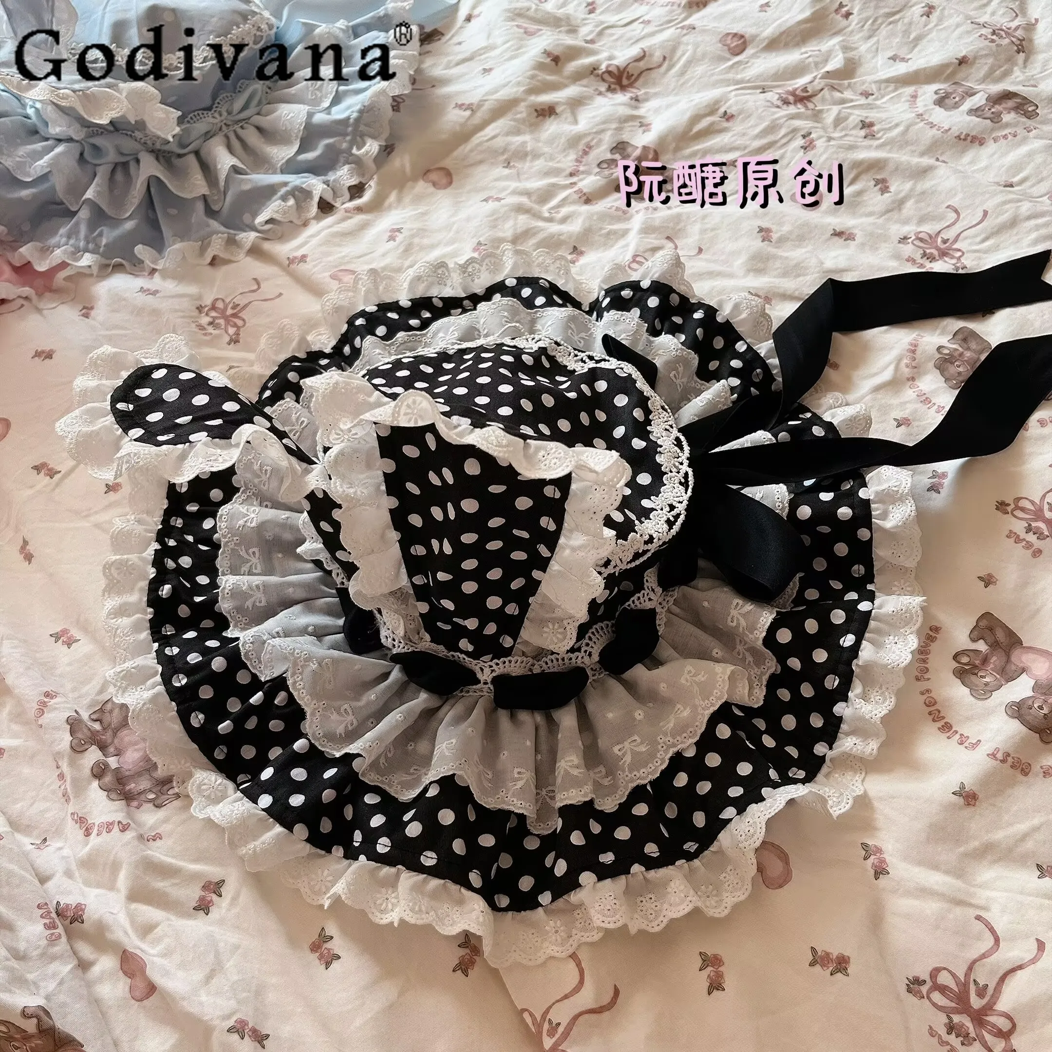 

2025 Japanese Original Lolita Bow Cartoon Bunny Polka Dot Hat Versatile Doll Style Lace Hat