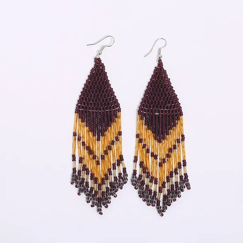 Rice Bead Earrings  Beaded  Simplicity  Hand knitting  Retro  multi-storey  Bohemia  geometry  alloy  ma'am  Tassel Earrings