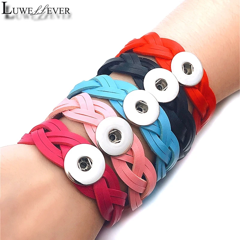 New Candy Colors 184 Real Genuine Leather Retro Fashion Bracelet 18mm Snap Button Bangle Charm Jewelry For Women Gift