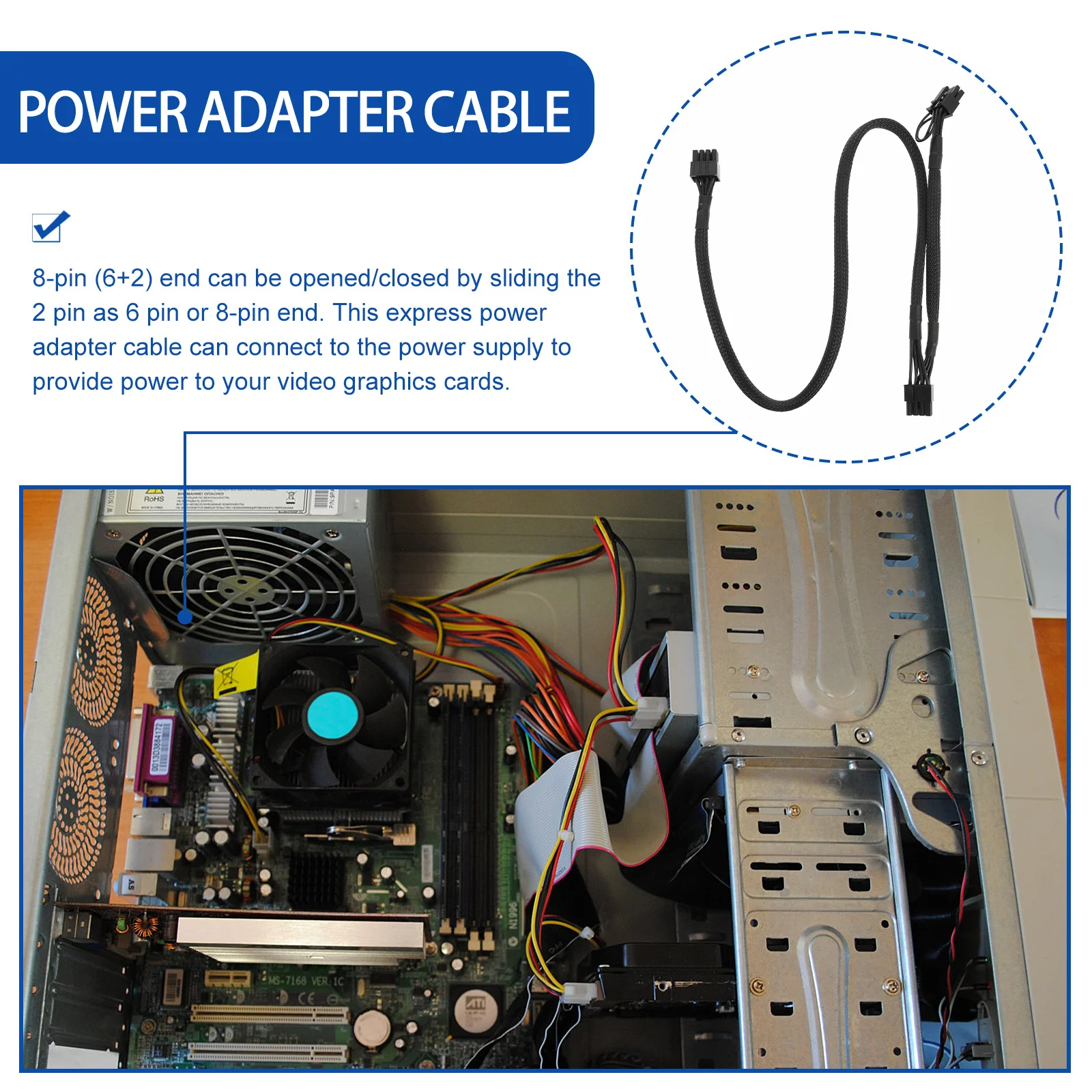

Power Cable 8Pin (6+2) Splitter Adapter For Graphics Cards Extension Cord Computer Power Wire Dual Connector High Conductivity
