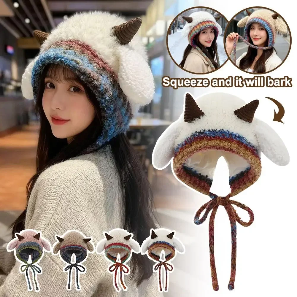 

Милая толстая плюшевая вязаная шапка для девочек, зимняя теплая шапка с защитой ушей, женская удобная шапка-пуловер с рогом