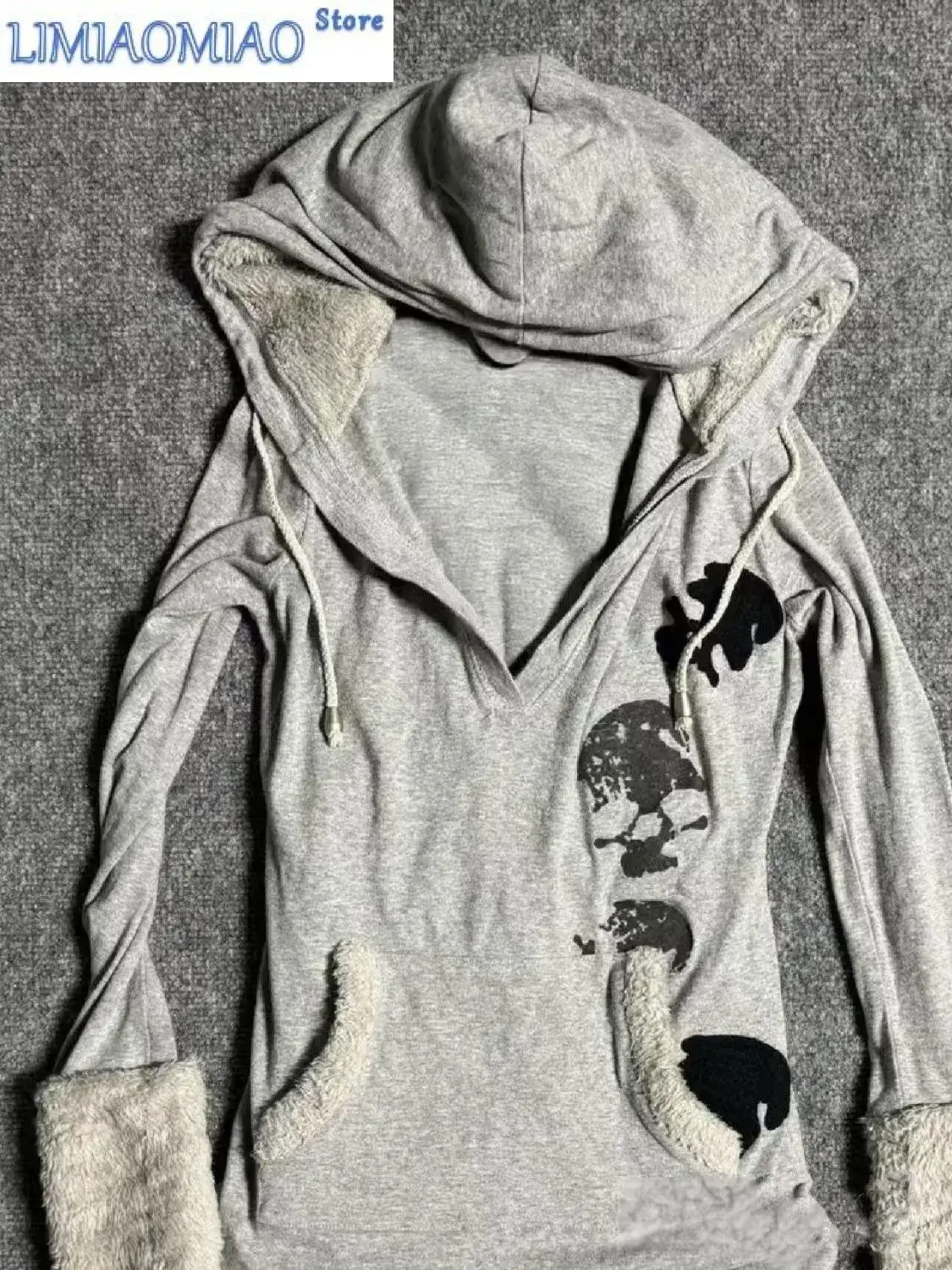 Gothic Grunge Clothes American Vintage Original Gray Lambswool Hooded Sweatshirt Print Slim Spring Autumn Top Hoodie Women Tops