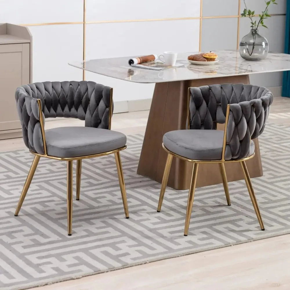 

Dining Chairs Set of 6, Gold Modern Dining Chair with Metal Legs, Woven Upholstered Dining Chairs