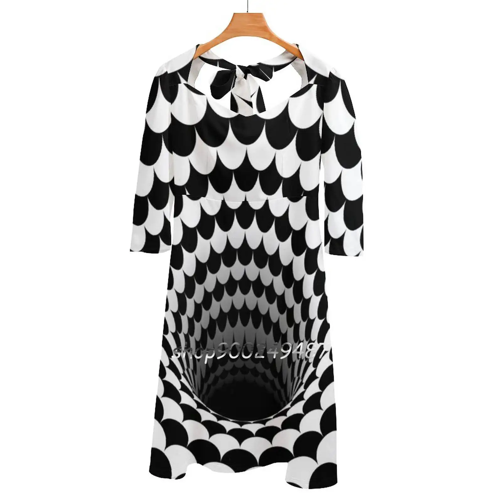 Optical Illusion Black Hole Scales ( Black / White ) Sweetheart Knot Flared Dress Fashion Design Large Size Loose Dress Optical