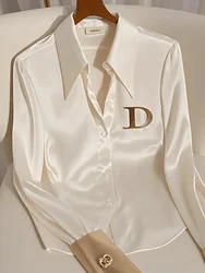 Elegant French Women's White Satin Shirt Turn-down Collar Long Sleeve Blouse Autumn/Winter for Women Casual Simple Office Lady