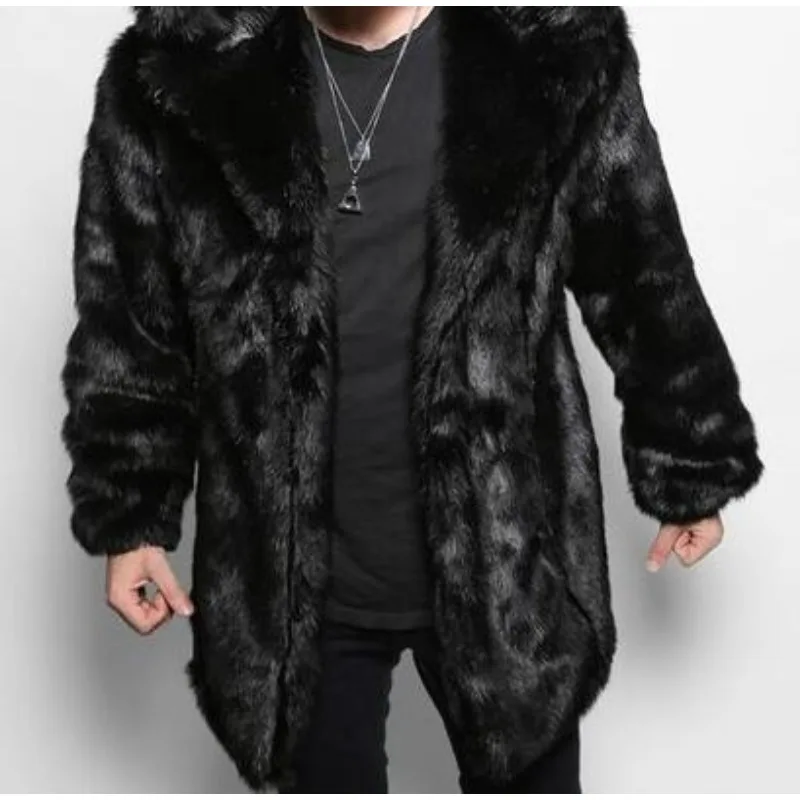 Winter Faux Fur Coat Men Hooded High Street Loose Casual Warm Long Jacket Windbreakers Mens Fake Fur Coat Overcoat Mens Clothing