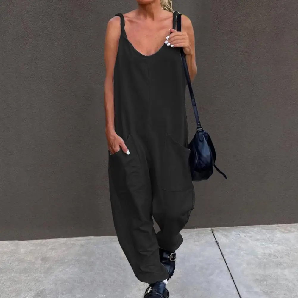 Women Summer Jumpsuit Loose Wide Leg Solid Color V Neck Low-cut Daily Wear Pockets Backless Plus Size Women Overall Lady Clothin