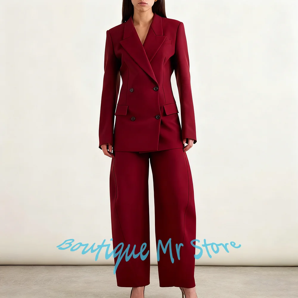 

Elegant Women's Jacket Pants Sets Double-Breasted Peaked Lapel Suit Tailored Chic Business Office Wear Daily Street Outerwears
