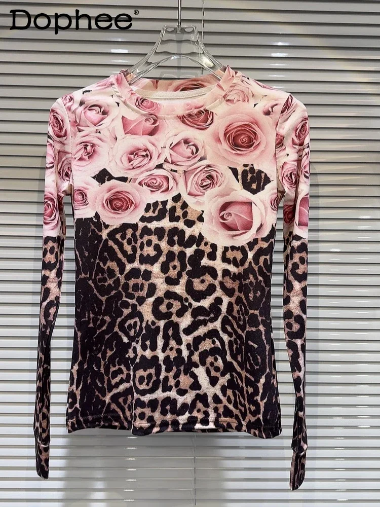 Women Clothing Autumn New Rose Contrasting Color Leopard Print Pattern Long Sleeve Bottom T-shirt Y2k Top 2025