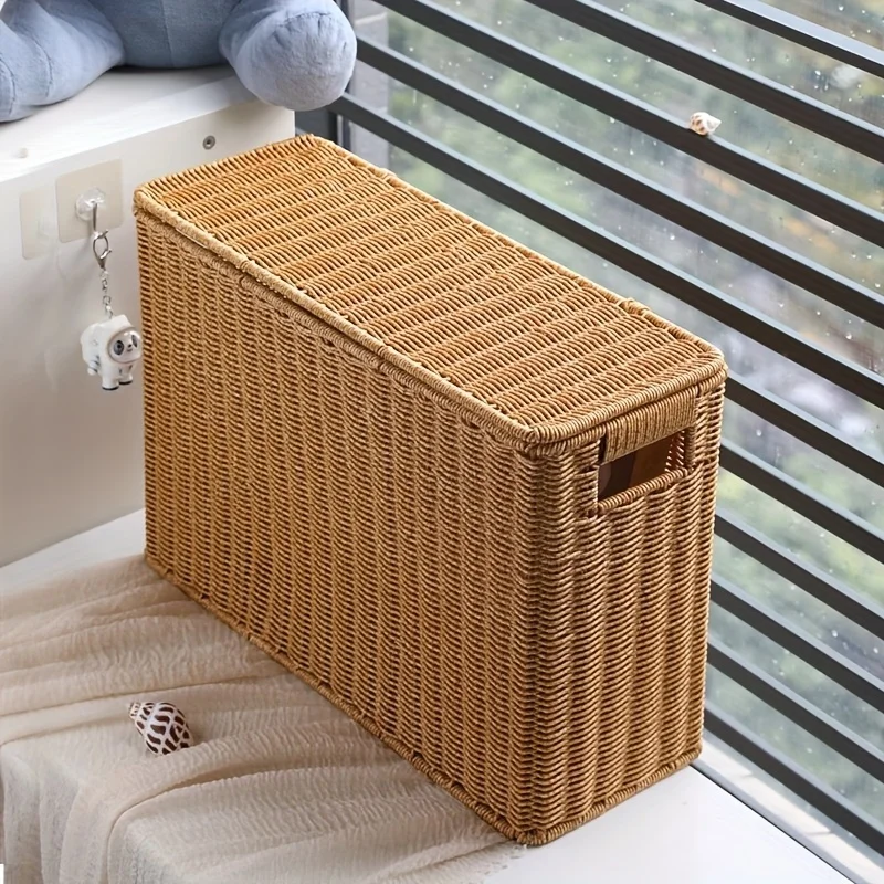 1 قطعة صندوق تخزين ضيق طويل القامة مغطى من الروطان المنسوج على الطراز الشمالي ، مادة البولي ايثيلين ، سلة مجلة موفرة للمساحة للزوايا ، حواف الأريكة