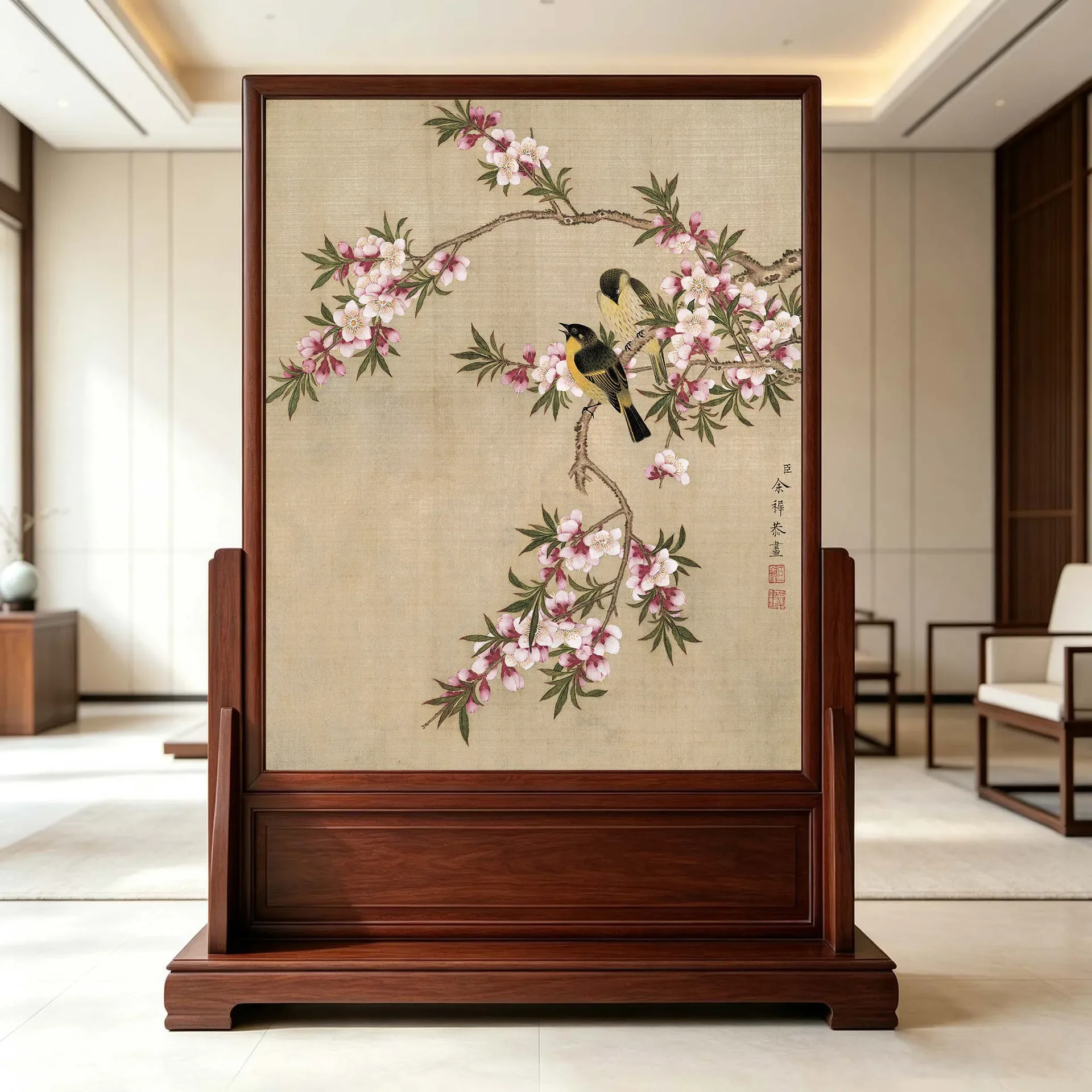 Chinese-style screen for living room, bedroom, tea room, floral and bird painting base screen, solid wood entryway entrance