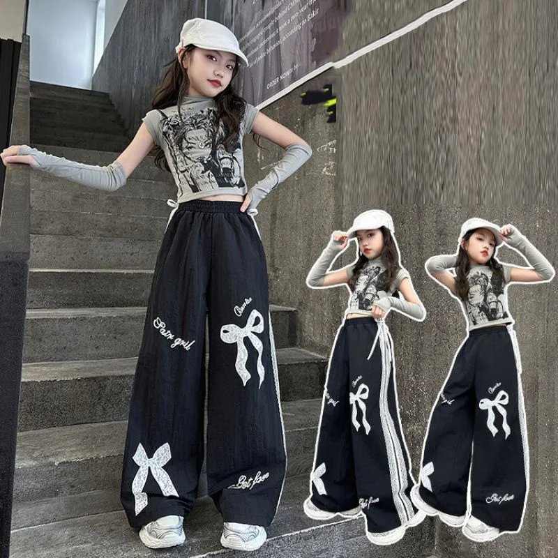 Girls Print Bow Pants Big Children Spring Fashion Lace Tousers Kids Loose Casual Pants Autumn Teenager Wide Leg Tousers 5-14Y