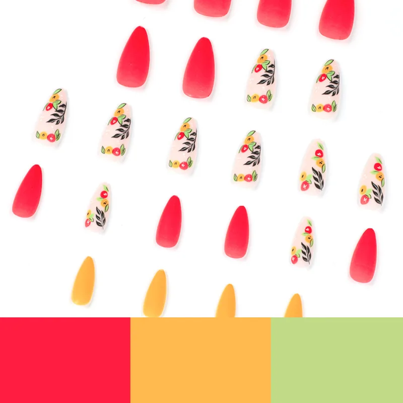 24 قطعة درع حاد أظافر صناعية غير لامعة أحمر أصفر زهرة القفز يمكن ارتداؤها مانيكير اضغط على الأظافر الصلبة