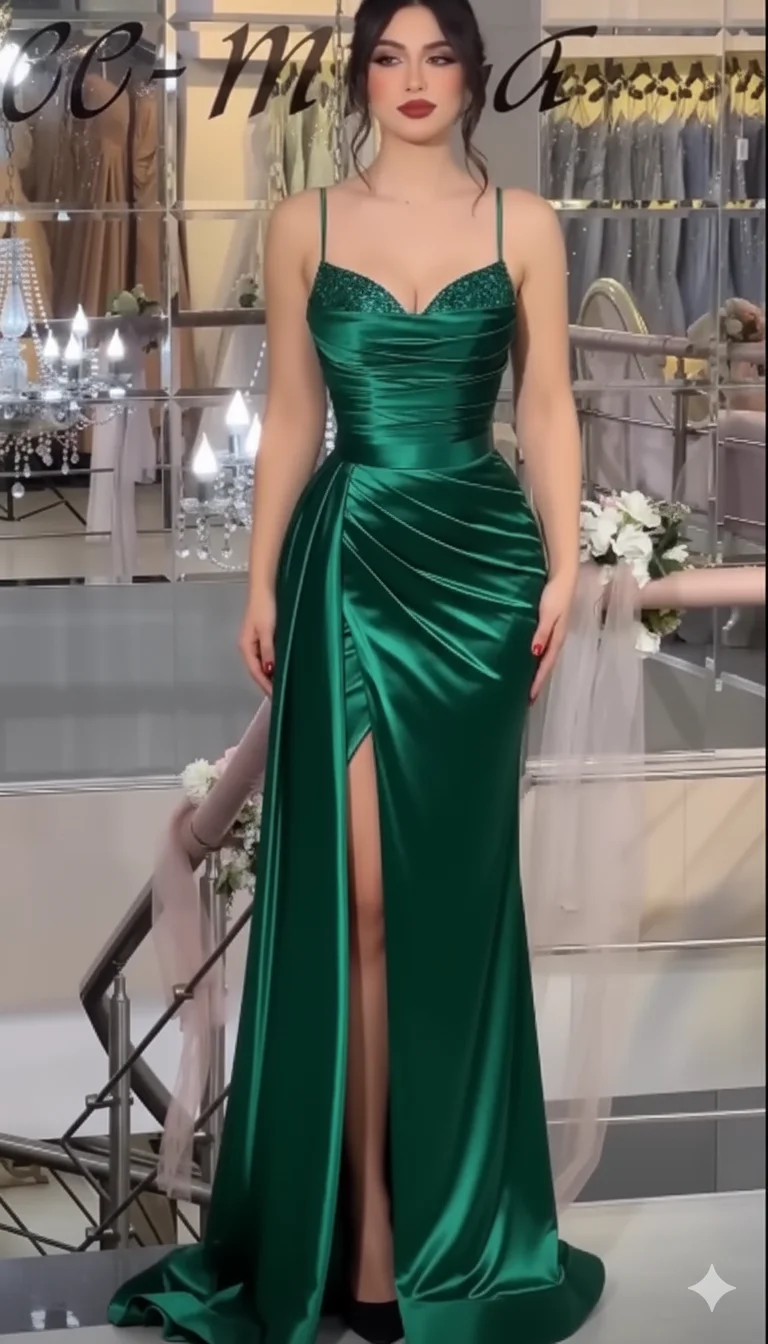 Vestido de noche de satén verde con hombros descubiertos, escote en forma de corazón, ocasión Formal, con cuentas, abertura larga, vestido de graduación de Arabia Saudita personalizado