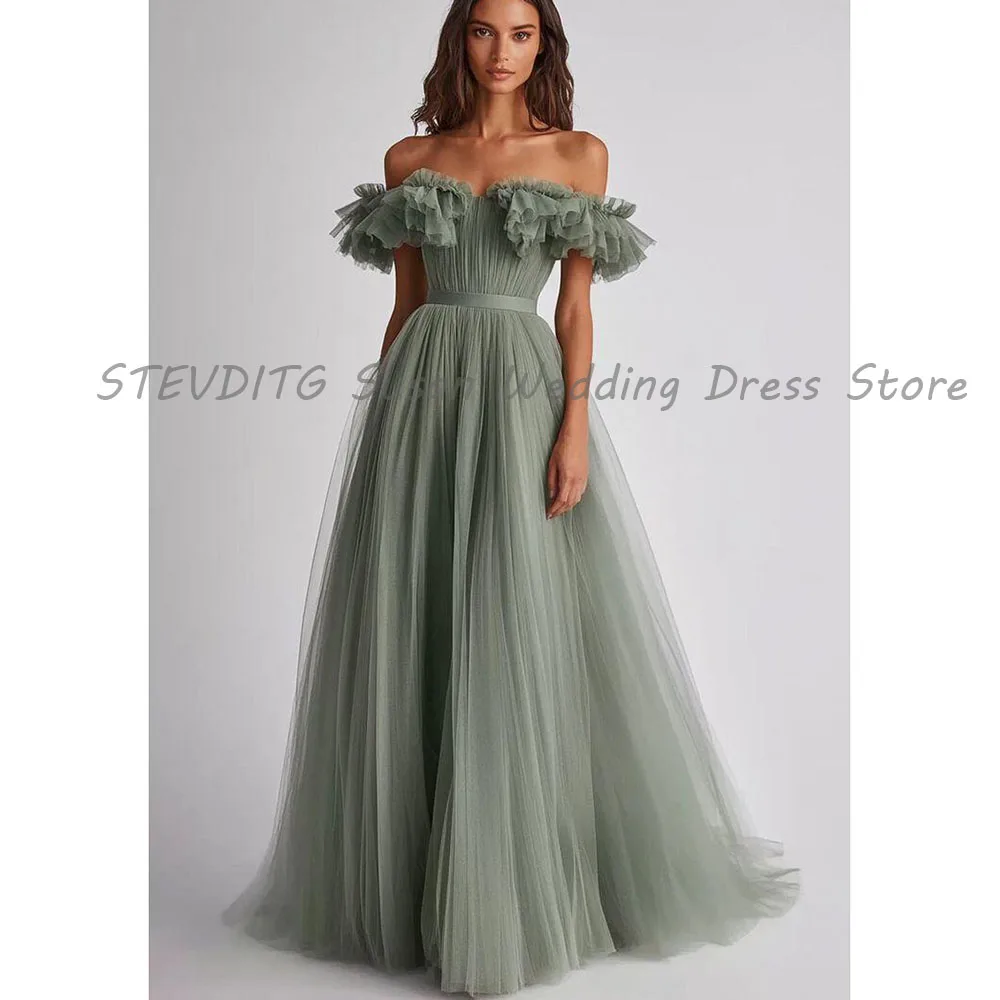Green Evening Dresses Off The Shoulder A Line Short Sleeves High Quality Floor Length Banquet Celebrity Prom Party Gowns Female