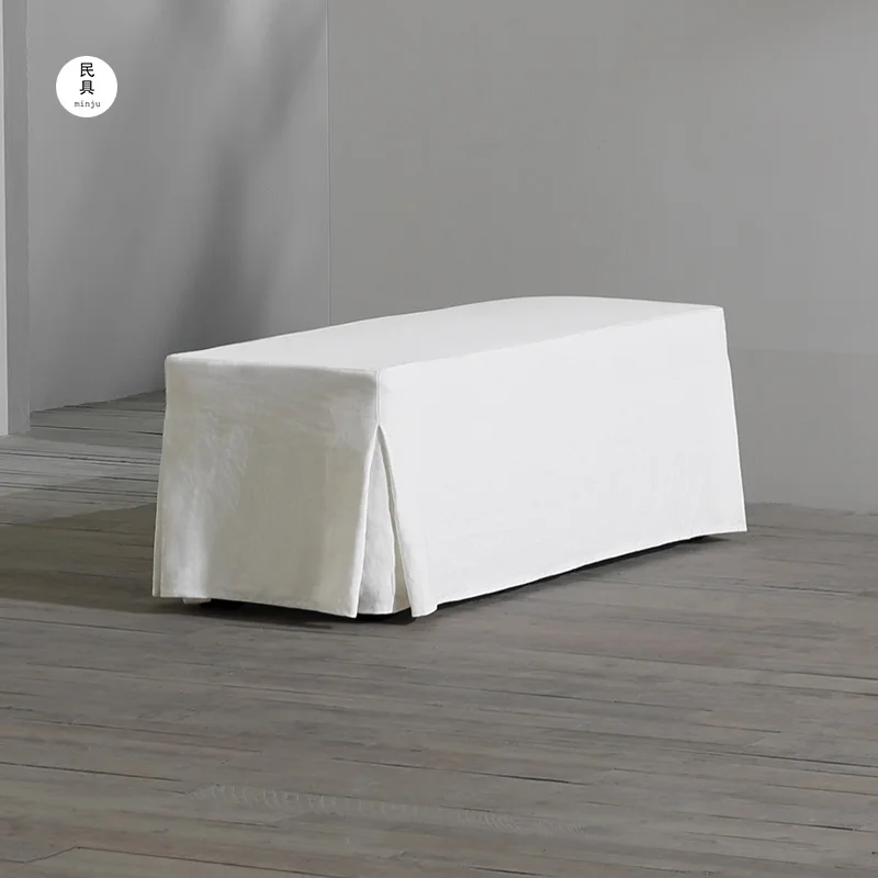 

Japanese-style wabi-sabi wind white linen sofa bench, retro designer removable bedside stool entrance
