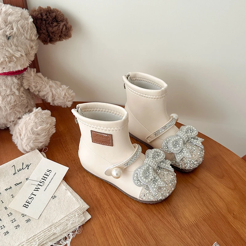Big Bowknot Leather Boots for Girls 2026 New Winter Toddler Ankle Boots Non-slip Classic Trendy Princess Girls Party Footwear