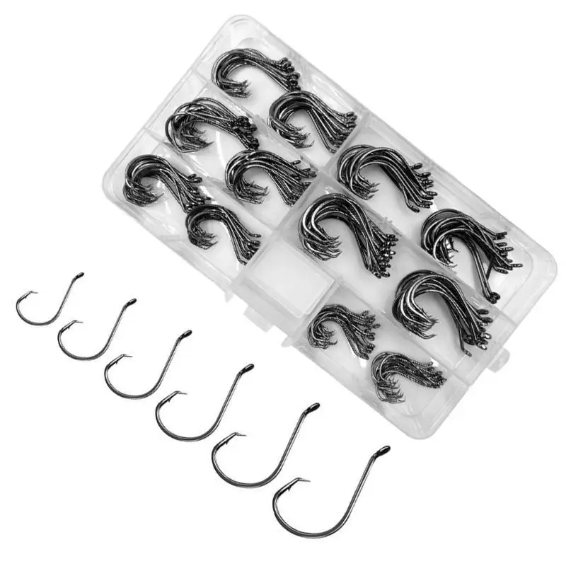 R6FE 160pcs خطاف صيد مستدير مع مجموعة مربع بلاستيكية ، فولاذ كربون عالي مع خطاف صيد البحر للملح/صيد المياه العذبة