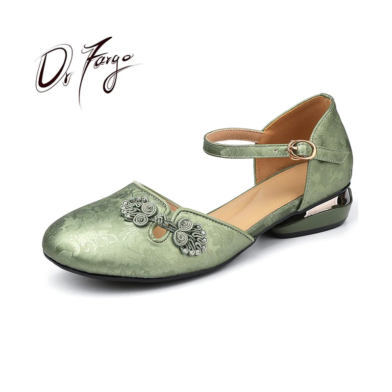 DRFARGO Spring Summer Women's Leather Shoes New Chinese Style Knot Flower Casual Round Toe Buckle Pumps 3cm Block Heeled Big 43