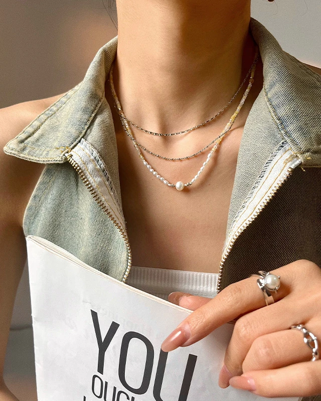 

Natural stone splicing natural freshwater pearl pendant plain chain stacked wind necklace women