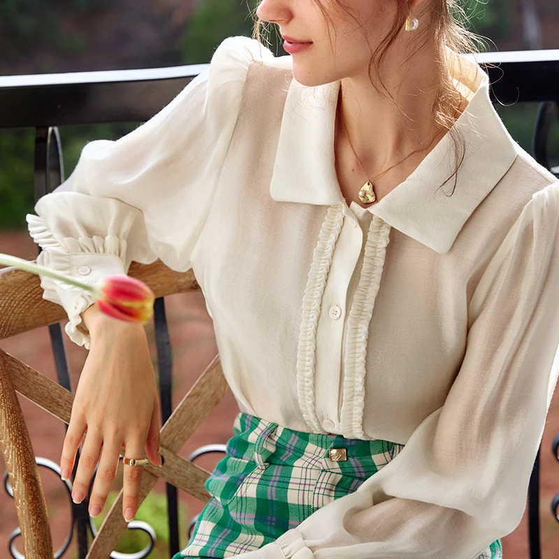 OLrain Puff sleeve Shirt Autumn 2025 Woman Elegant Solid Long Sleeve Shirts Pleats Button Lightweight Ladies Blouse O21QC52660