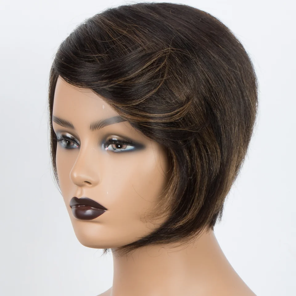 Pelucas de cabello humano para mujer, pelo corto recto Bob con flequillo, sin encaje, hecho a máquina