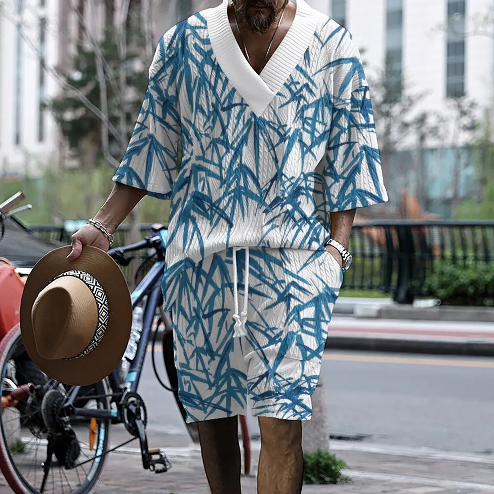 Nova moda masculina conjunto verão estilo havaiano solto plus size roupas masculinas folha impressão série shorts de manga curta conjunto de duas peças