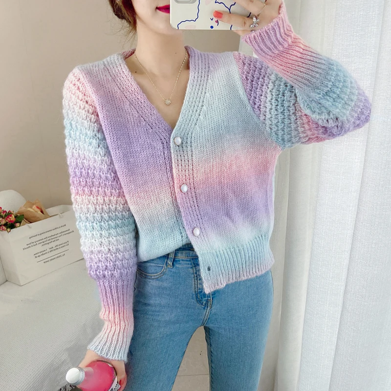 Zoki Elegant Women Rainbow Cardigan Japan Casual Long Sleeve Gradient Knitted Coats Sweet Casual Design Female Fashion Sweaters