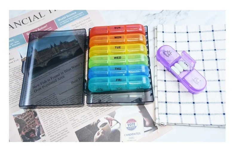 Portable Weekly 7 Days Pill Box Colorful Design Stackable 3 Times a Day Medicine Storage Dispenser/Plastic Pill Organizer Boxs