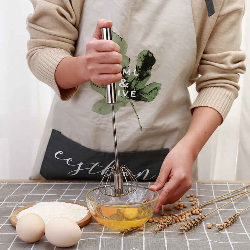 Semi-Automatic Egg Whisk - Manual Rotary Beater, Press Handle to Spin, Multi-Purpose Kitchen Tool