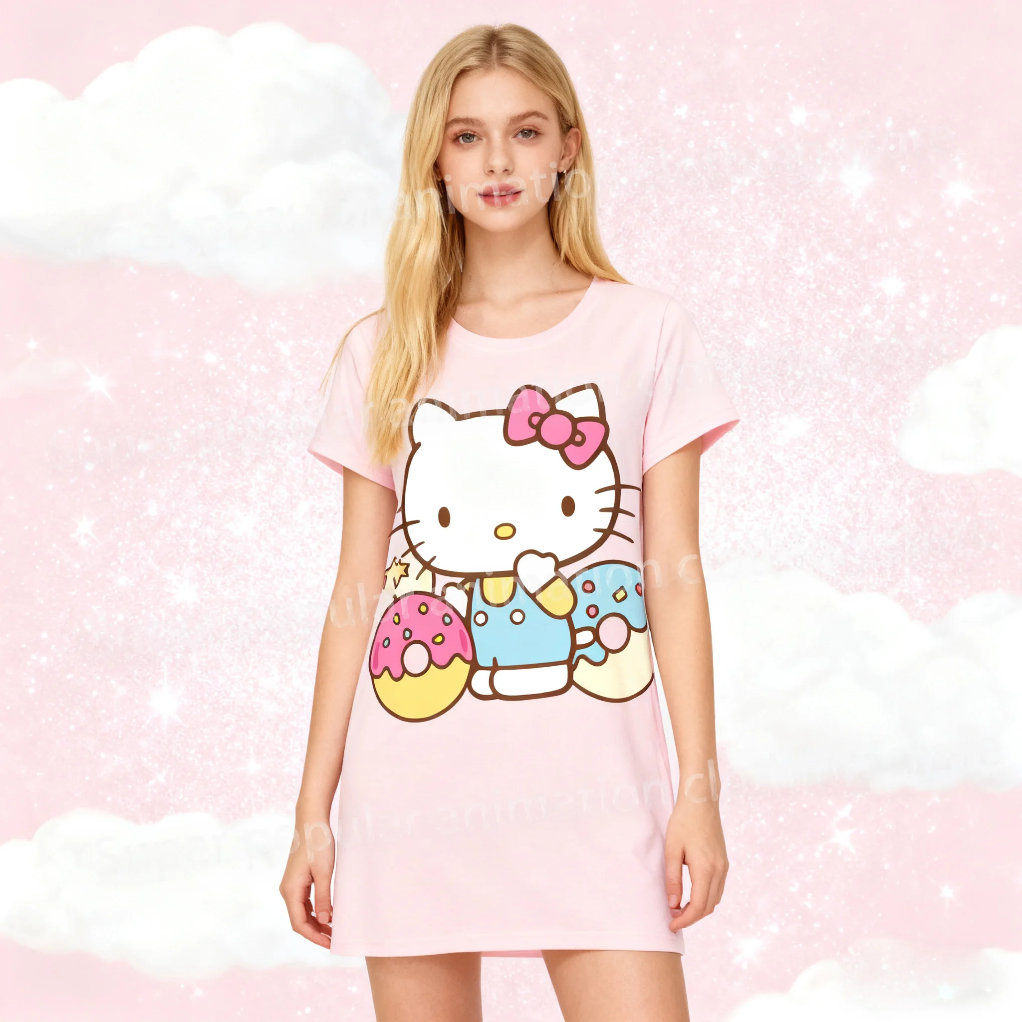 

Hello Kitty 3D Print Dress Cute Cartoon Short-sleeved O-neck T-shirt Dress Fashionable Nightdress Basic Daily Wear Holiday Gifts