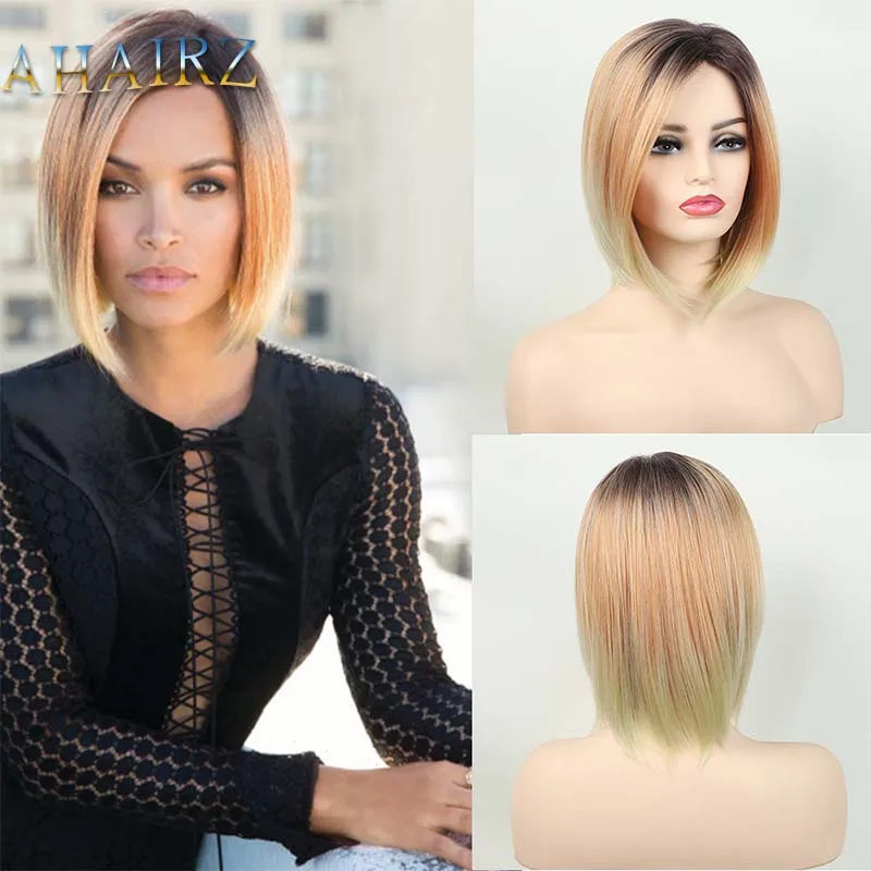 

Synthetic Wigs Ombre Gradient Blonde Straight Short Hair with Bangs for Women Daily Party Use Heat Resistant Fibre