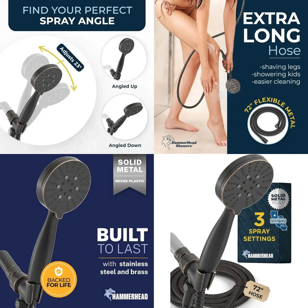 Oil Rubbed Bronze 3-Spray Handheld Shower with Long Hose, Wide Massage and Mist Modes, 1.8 GPM Water-Saving Design