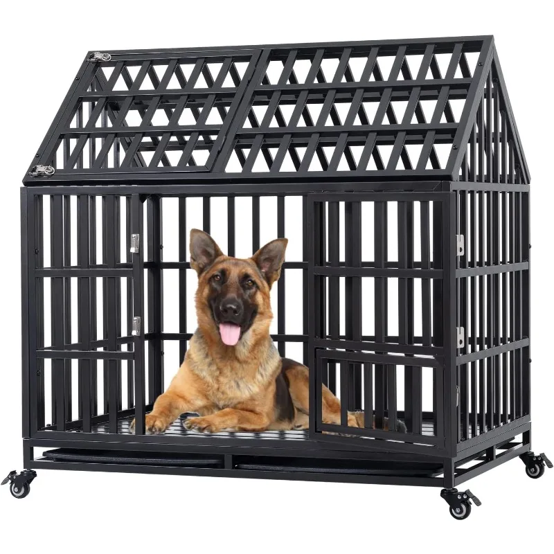 Heavy Duty Dog Crate for Large Medium Dogs, Metal Pet Cage Kennel Crate Roof Strong Playpen with Sturdy Latches