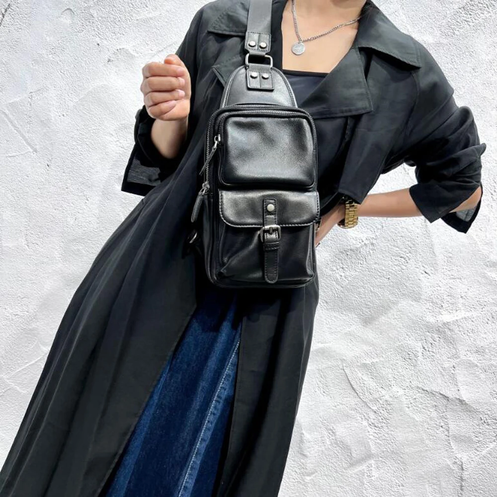 

Women's Cow Skin Genuine Leather Crossbody Chest Bag Long Strap Unisex Motorcycle Travel Messenger Design Cool Bag