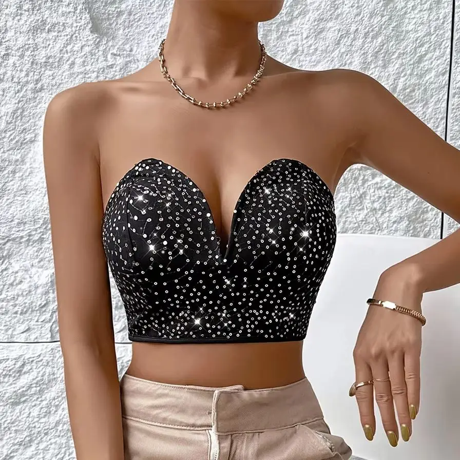 

Hollow Out Crop Tops Strapless Sequin Corset Street Vest Slim Fit Sexy Lingerie Camisole Summer Women's Party Nightclub Tank Top