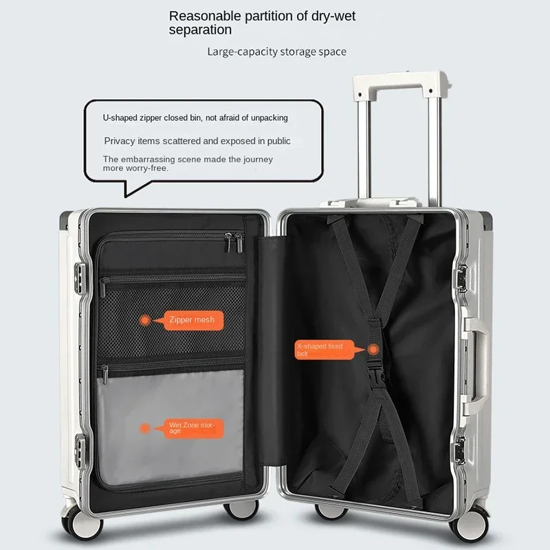 20 Inch Suitcase Front Opening Aluminum Frame Rolling Luggage Rotator USB Cup Holder Phone Holder Zipper Style Suitcase