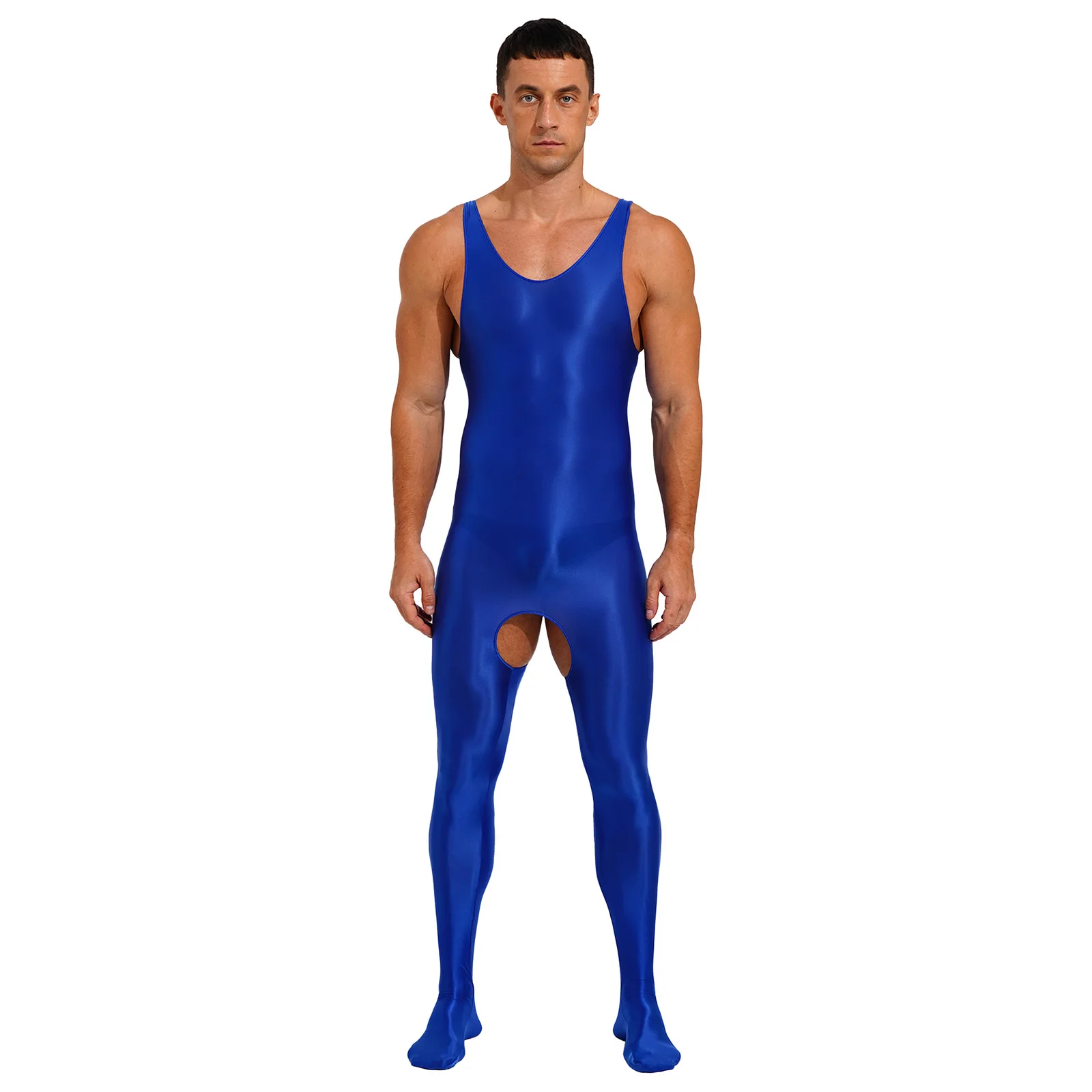 Mens Lingerie Crotchless Full Body Bodysuit Glossy Oilly Shiny Smooth Stretchy Sleeveless U Neck Open Crotch Footed Jumpsuit