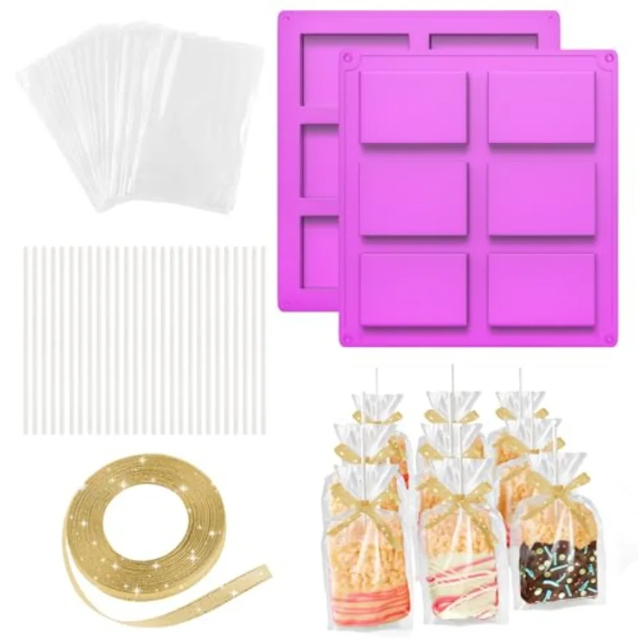 Juego para hacer golosinas de arroz Krispie: 2 uds. Molde de silicona para barra de cereales crujiente con 50 bolsas transparentes, palitos para pasteles, contenedor para hornear con f