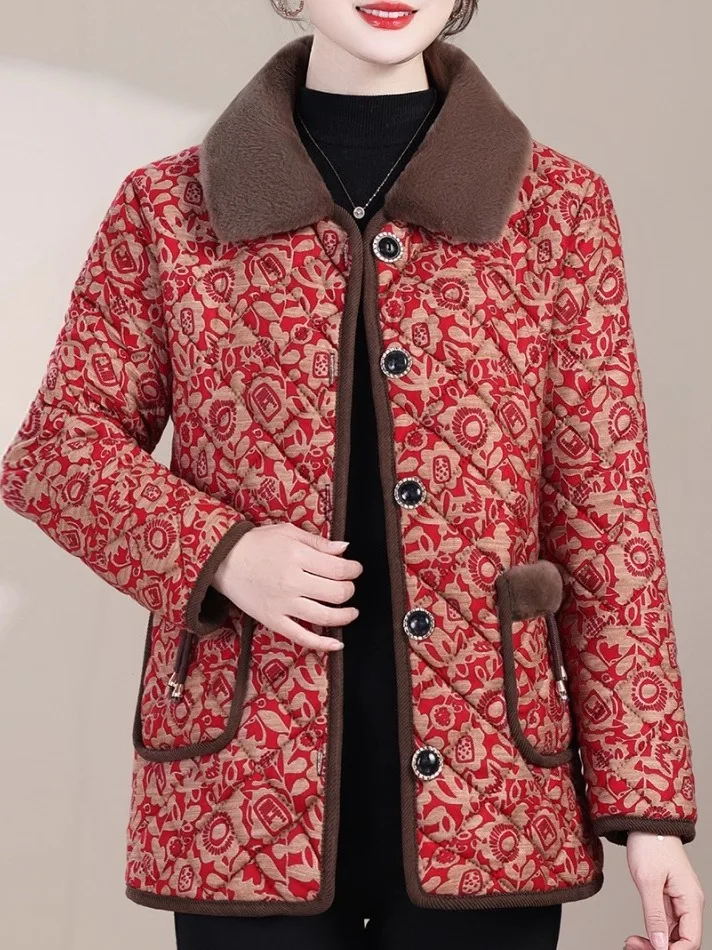 

Утепленная хлопковая куртка с пышным воротником и принтом, большого размера, зимняя одежда для мам, теплая, уютная, оверсайз, для повседневной носки, стандартный крой
