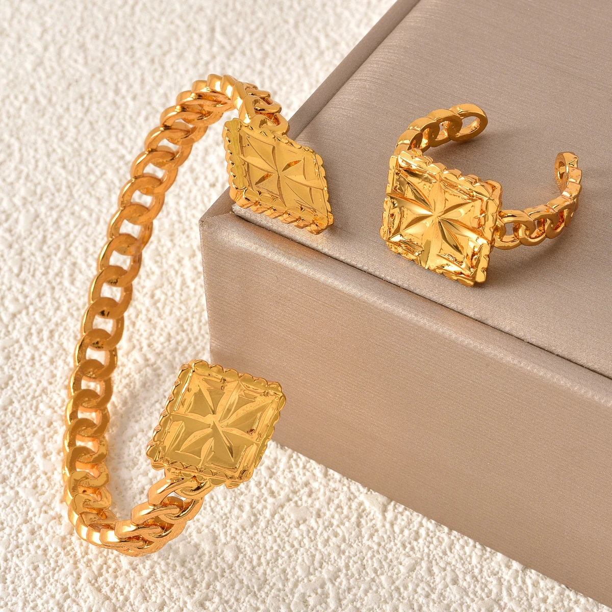 

Women's Hand Bracelets 18K Gold Plated Copper Punk Style Cuff Bangle & Ring Set Italian Inspired Edgy Jewelry Gift for Her
