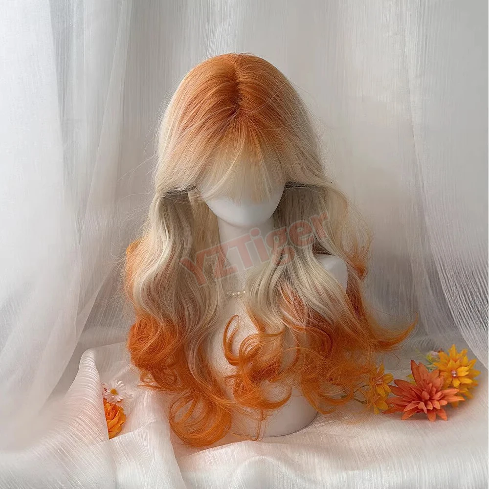 Long Wavy Gradient Orange Synthetic Wigs with Bangs For Women Lolita Halloween Cosplay Christmas Party Daily Use Heat-resistant