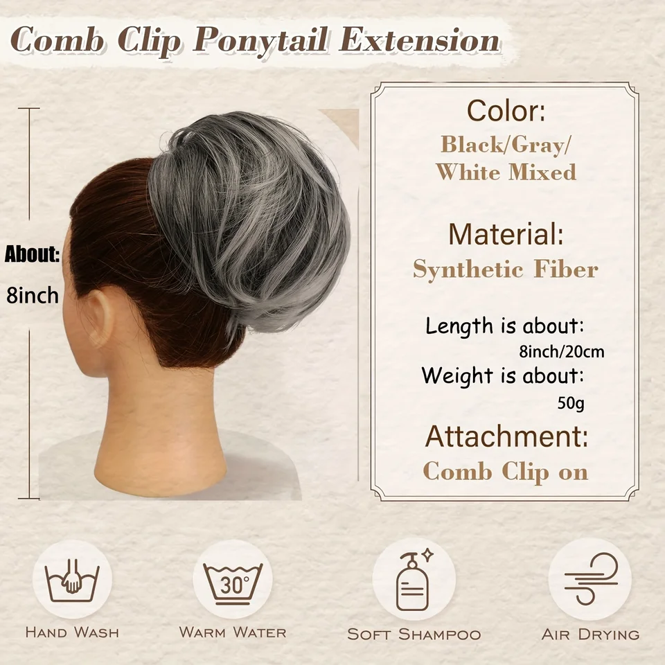 Moño de cabello sintético gris plateado liso, fácil de poner con cordón y clip, estilo básico 4