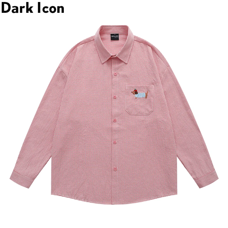 

Dark Icon Vintage cute dachshund embroidered checkered long sleeved shirt for men and women in autumn, loose and lazy style shir