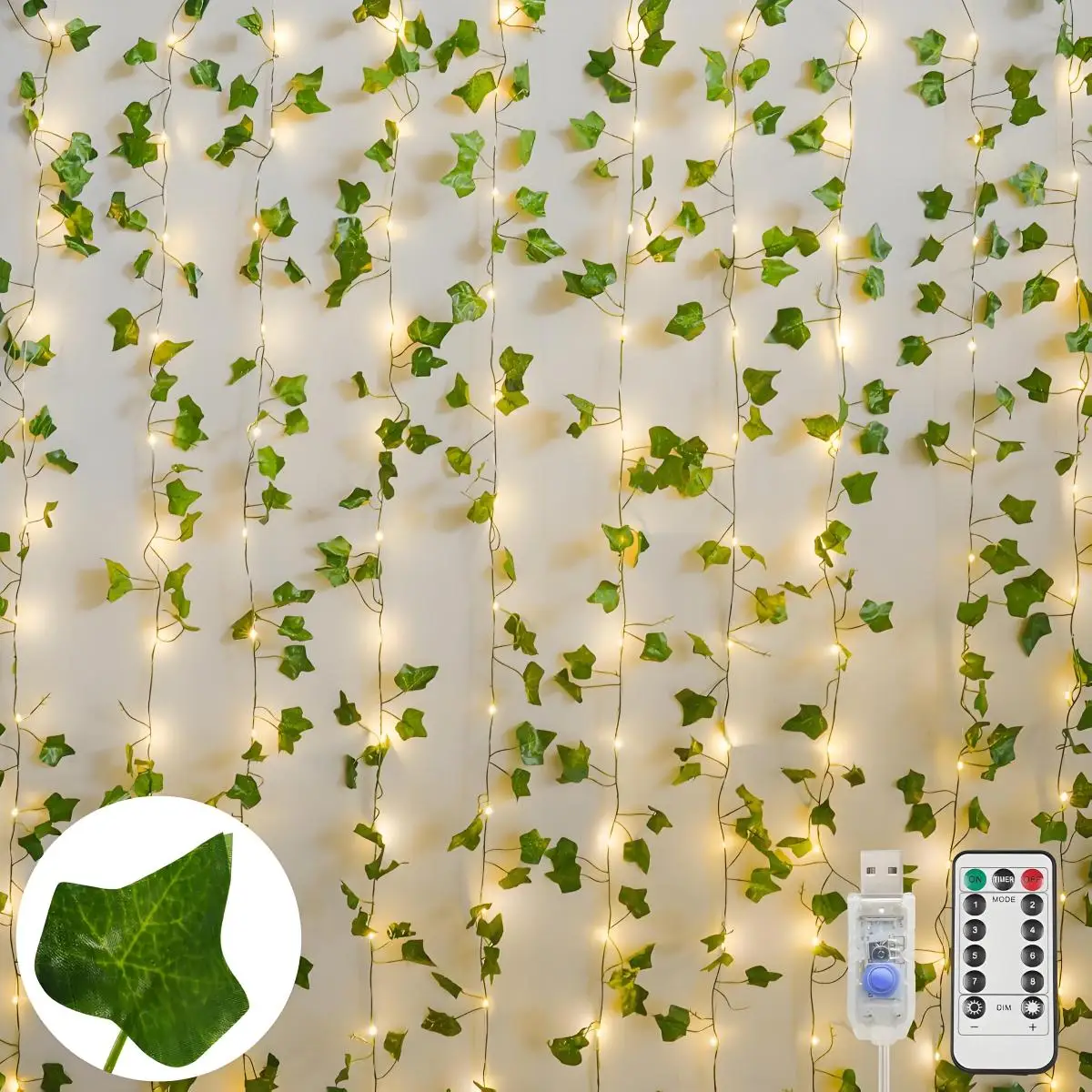Christmas Lights Led Curtain Lights, Artificial Ivy Vine Curtain Lights (3m X 2m - 10 Vine Lights USB Powered) Holiday Decoration