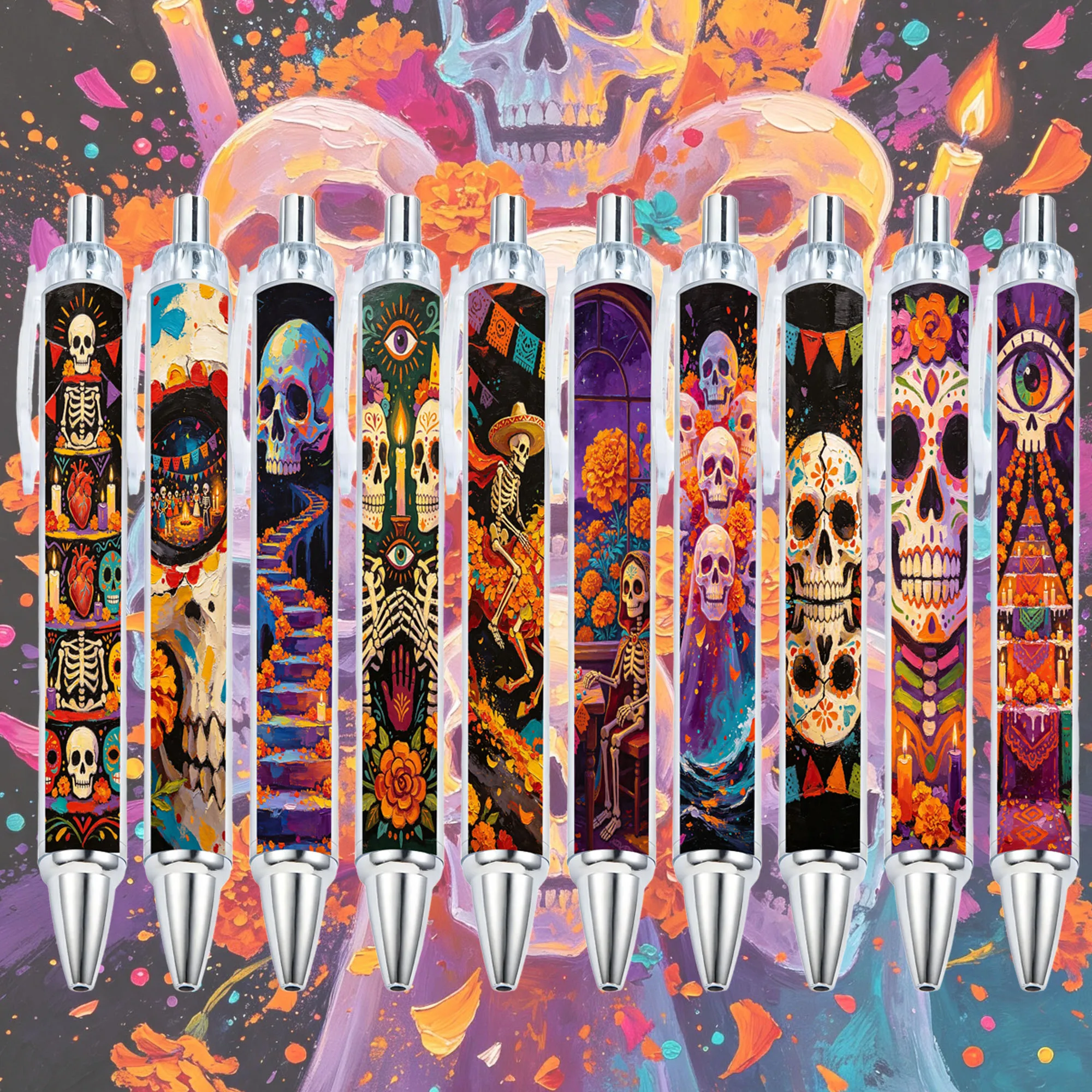 5Pcs/10Pcs Day of the Dead Themed Ballpoint Pens, Day of the Dead Themed Gift Pens with Oil Painting Design, Office Writing Pens, Random Styles