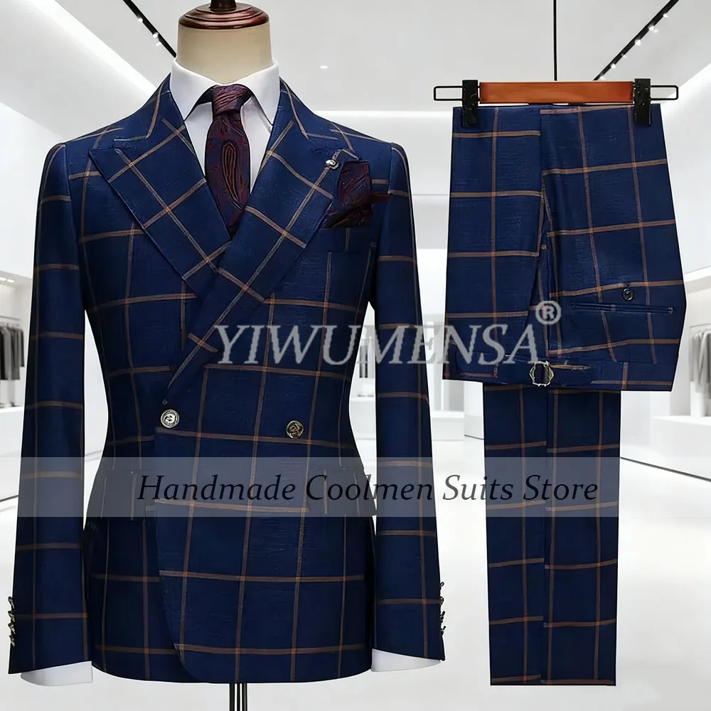 

Business Plaid Check Men Suits Slim Fit Double Breasted Groom Wedding Tuxedos 2 Pieces Sets Customized Male Office Work Blazers